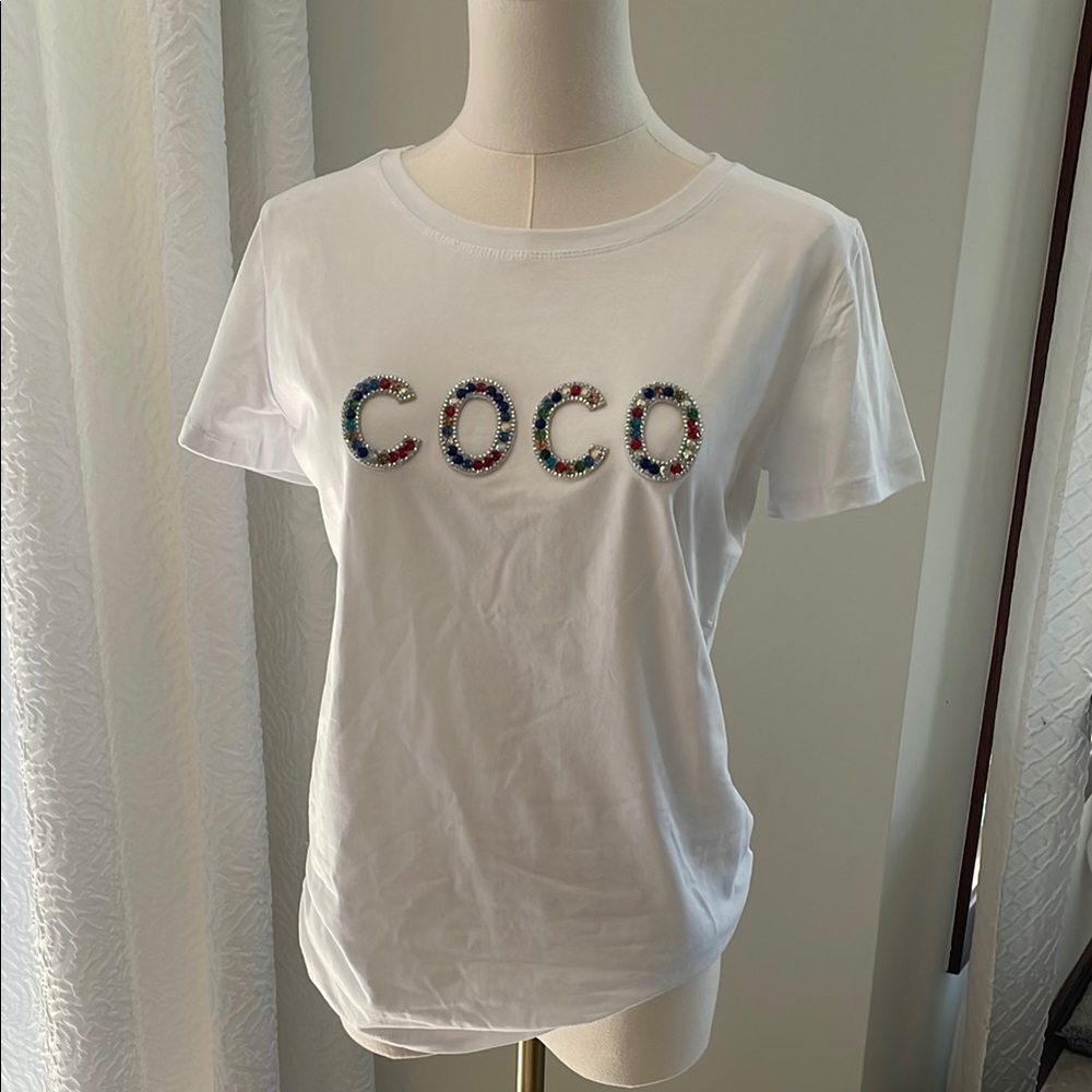 White T-Shirt Colorful Beaded 'COCO' NWOT Boutique Fashion top Small inspired - Picture 3 of 9